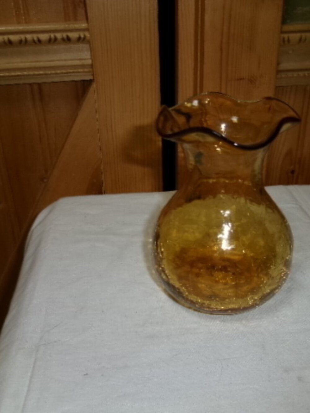 vtg handblown Rainbow art crackle glass ruffled top amber